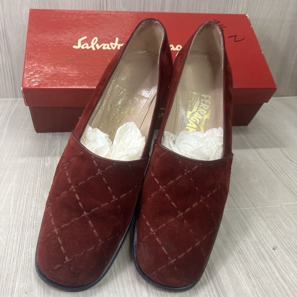 Ferragamo 90s Wine Red Suede Block Heel Shoes Size 7.5 AA Limited Edition Design